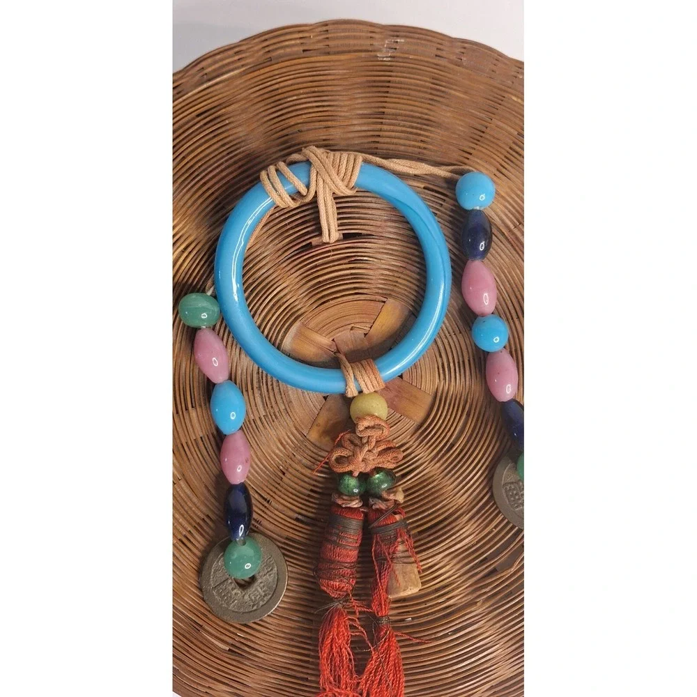 Vtg Chinese Sewing Basket Coins Glass Beads Tassels